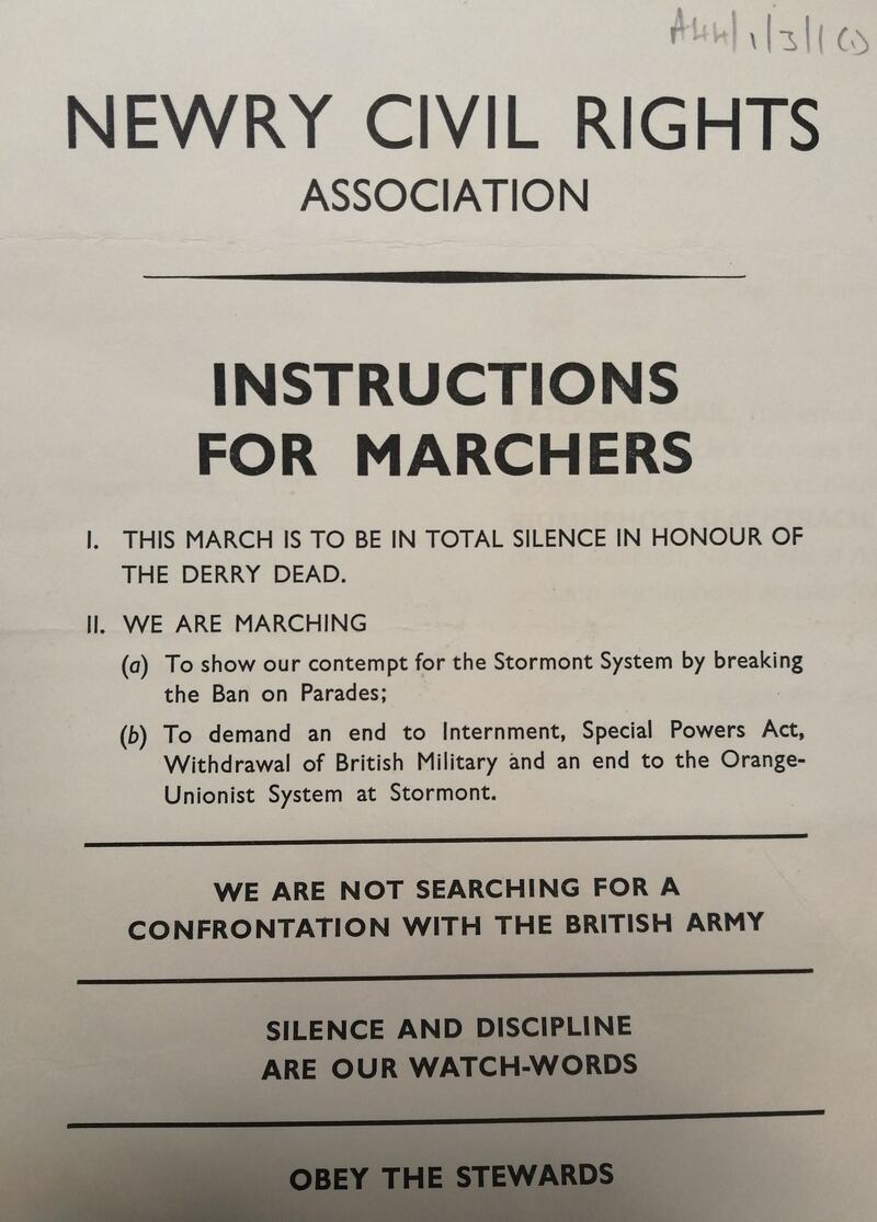 A flyer outlining the “instructions for marchers” at the march in Newry held in response to Bloody Sunday
