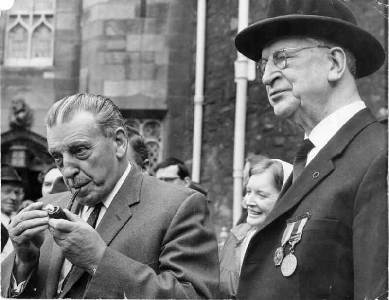 Former president Eamon de Valera and former taoiseach Seán Lemass attending a Michael Collins memorial mass in the Church of The Most Holy Trinity, Dublin Castle. Photograph: Paddy Whelan