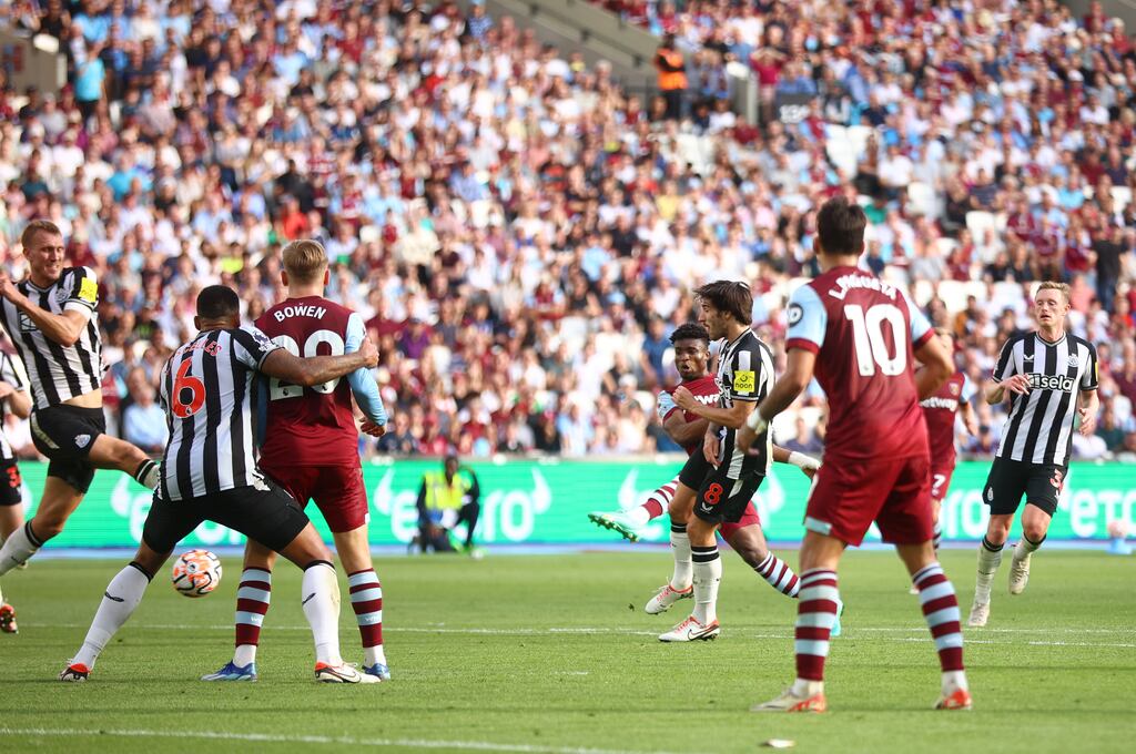 Mohammed Kudus scores a late equaliser for West Ham during the Premier League match against Newcastle United at London Stadium. Photograph: Ben Hoskins/Getty Images