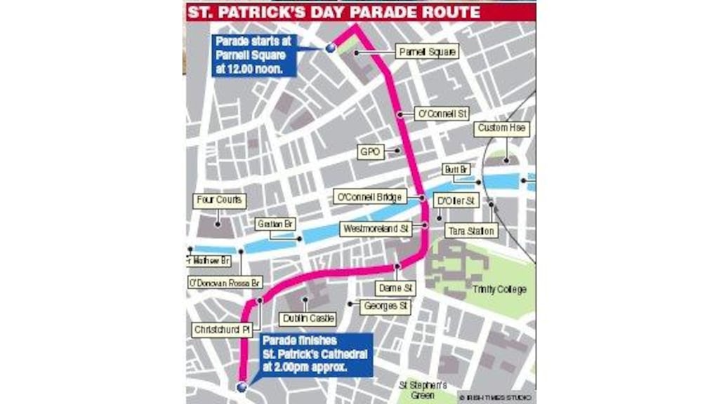 St Patrick plays for the Mountain View Toro Band from Mesa,
Arizona.Click on this image for a map of the Dublin parade
route.