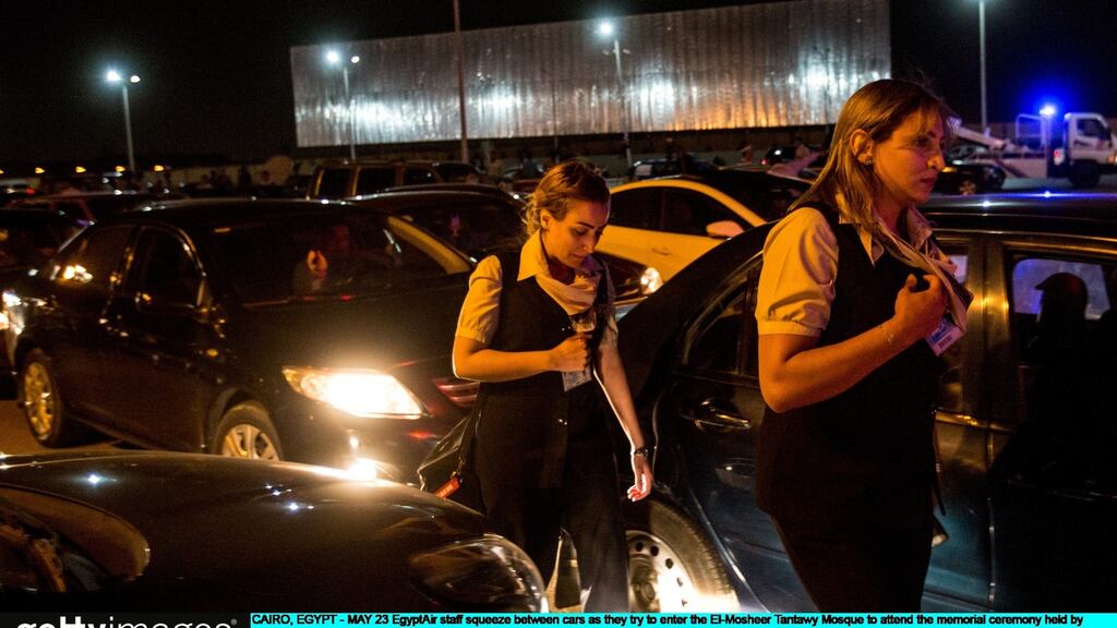 EgyptAir staff arrive at the El-Mosheer Tantawy Mosque in Cairo, Egypt for a memorial ceremony held by EgyptAir for realtives and family members of flight MS804 on Monday. Photograph: Chris McGrath/Getty Images