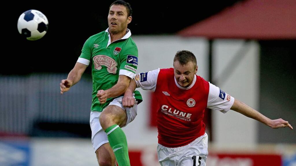 Mark O’Sullivan (left) played a role in Cork City’s opening goal in last night’s Airtricity League Premier League win over Limerick FC at Thomond Park when his his cross was tucked away by Garry Buckley. Photograph: Donall Farmer/Inpho