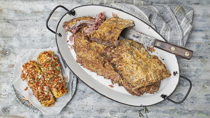 Crisp rack of bacon ribs, messy and delicious sweetcorn