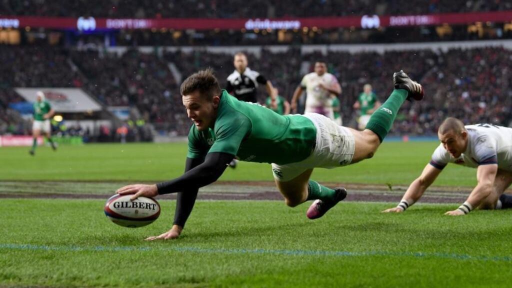 March 17th: Jacob Stockdale touches down Ireland’s third try against England at Twickenham Stadium. Photograph: Shaun Botterill/Getty Images