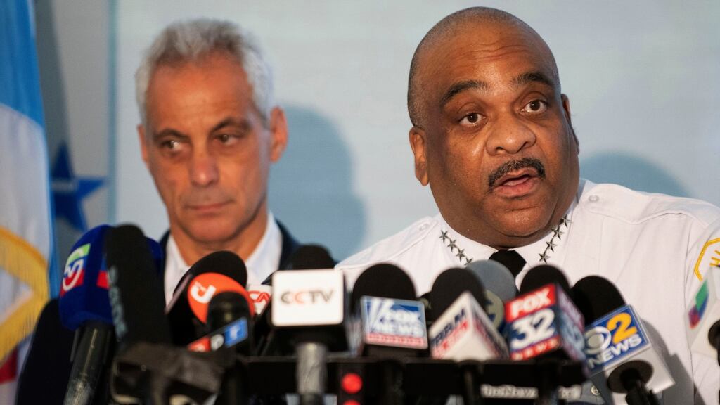 Chicago Police Supt Eddie Johnson, with mayor Rahm Emanuel (L) speaks at a news conference following a violent weekend in Chicago. Photograph: Colin Boyle/Chicago Sun-Times via AP
