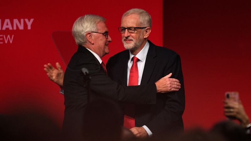 Shadow chancellor John McDonnell with Jeremy Corbyn before delivering his keynote speech on Monday in Brighton. Photograph: Leon Neal/Getty Images