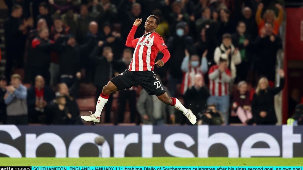 Ibrahima Diallo of Southampton celebrates after his side’s second goal, an own goal by Alvaro Fernandez of Brentford, during the Premier League match at St Mary’s Stadium. Photograph:Bryn Lennon/Getty Images