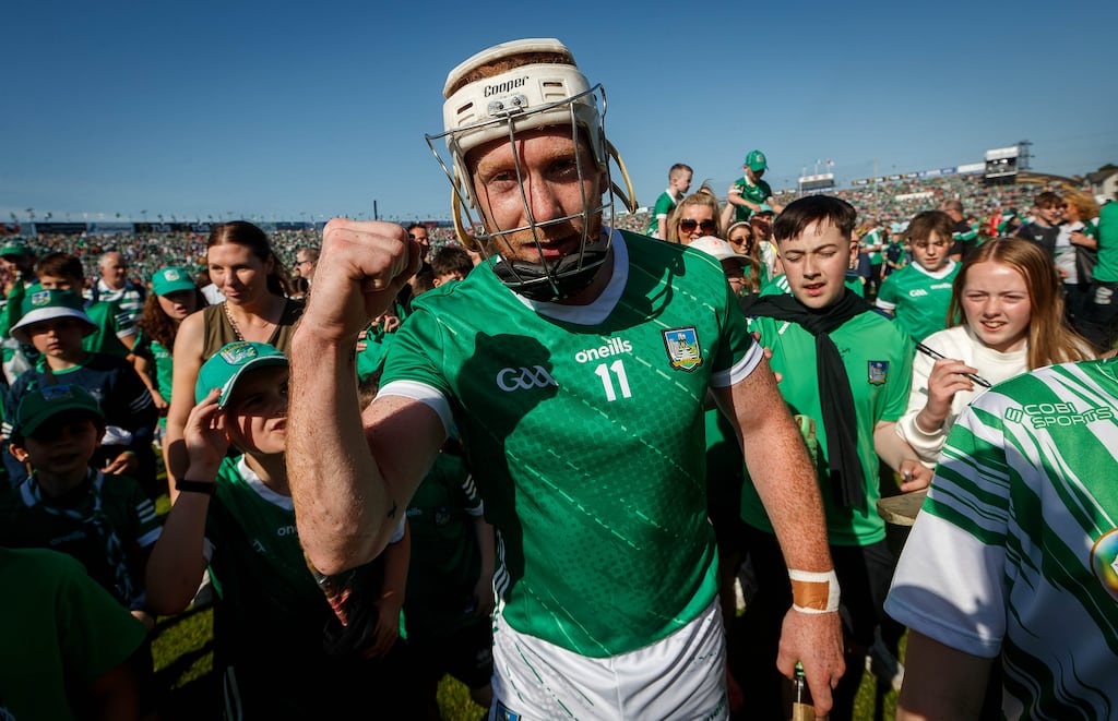 Limerick’s Cian Lynch celebrates after the game. Photograph: Ryan Byrne/Inpho