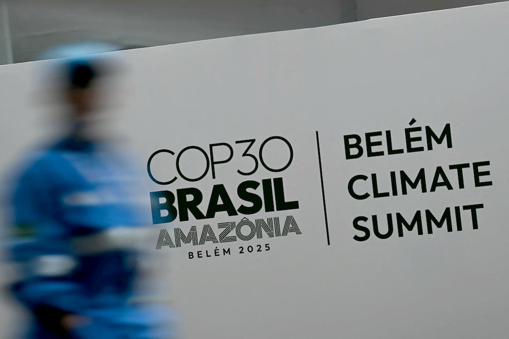 The Cop30 UN Climate Change Conference logo at the summit centre in Belem, Para State, Brazil.
(Photo by Mauro Pimental / AFP)