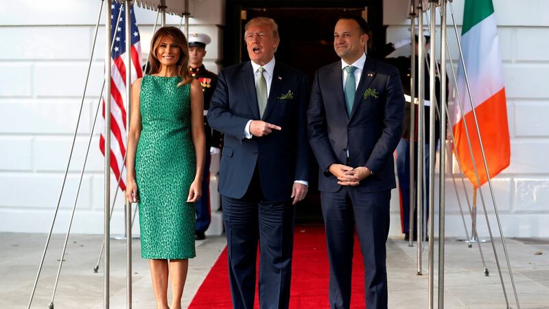 US President Donald Trump and first lady Melania Trump welcome Taoiseach Leo Varadkar at the White House. Photograph: Jonathan Ernst/Reuters