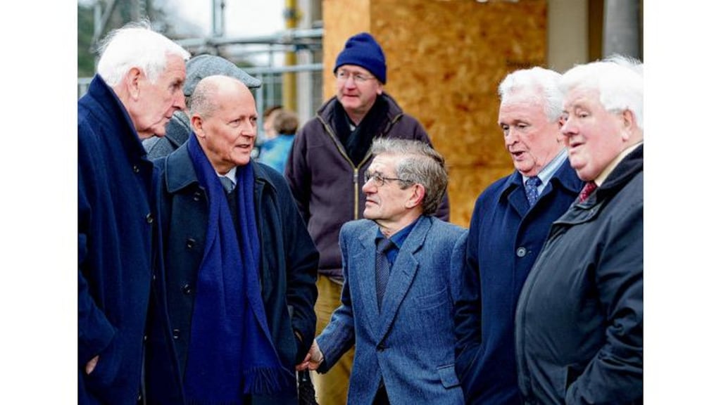 At Paddy Downey's funeral yesterday were (above, from left) former Irish Times colleagues Peter Byrne, Conor O'Clery, Joe Culley (at rear), Denis Coghlan, Séamus Conaty, former MD of ITronics, and Bob Gahan, former RTÉ deputy general.