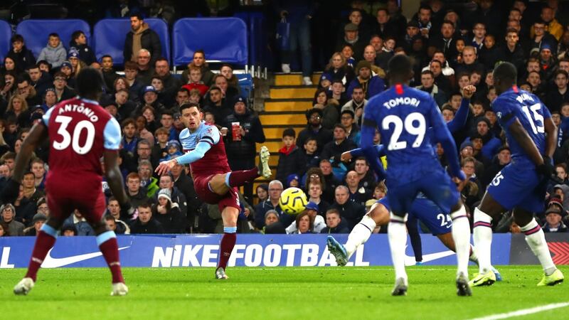 West Ham’s Aaron Cresswell opens the scoring against Chelsea. Photo: Clive Rose/Getty Images