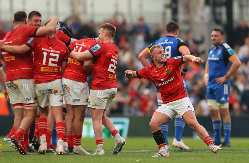 Craig Casey celebrates Munster’s victory at the final whistle. Photograph: Ryan Byrne/Inpho
