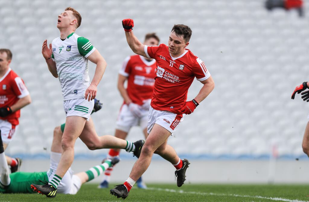 Cork’s Seán Powter celebrates scoring a goal during the Allianz Football League Division Two game against Limerick at Páirc Uí Chaoimh. Photograph: Evan Treacy/Inpho