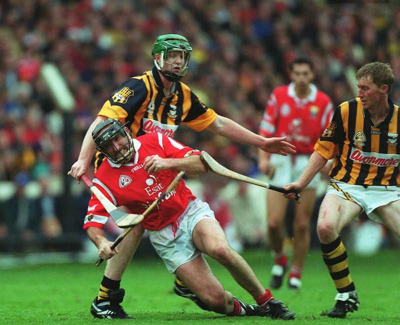 Cork's Brian Corcoran in possession during the 1999 All-Ireland hurling final against Kilkenny. Photograph: Lorraine O'Sullivan/Inpho