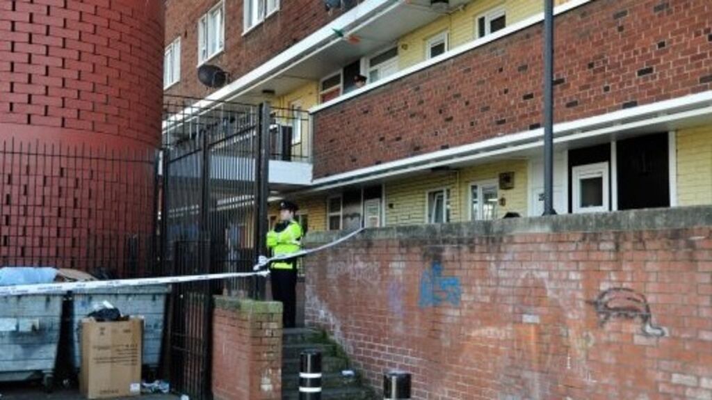 A garda on the scene at Seagull House on Crumlin Road in Dublin where Paul Curran was fatally stabbed on July 16th, 2016. Photograph: Aidan Crawley