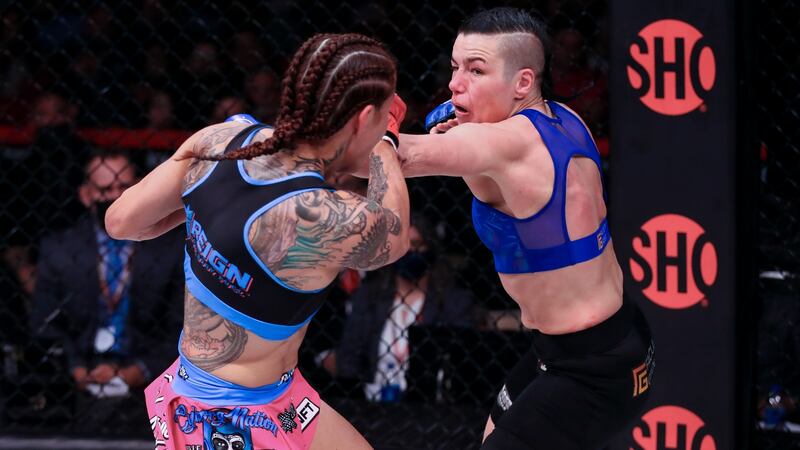 Sinead Kavanagh lands a punch on Cris Cyborg. Photograph: Lucas Noonan/INPHO/Bellator