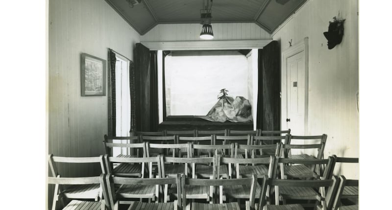 Interior of the fifty-seater studio theatre, 1950s. Cushions probably essential. Cinema seats were later substituted. Photo from the Lyric archive at University of Galway.