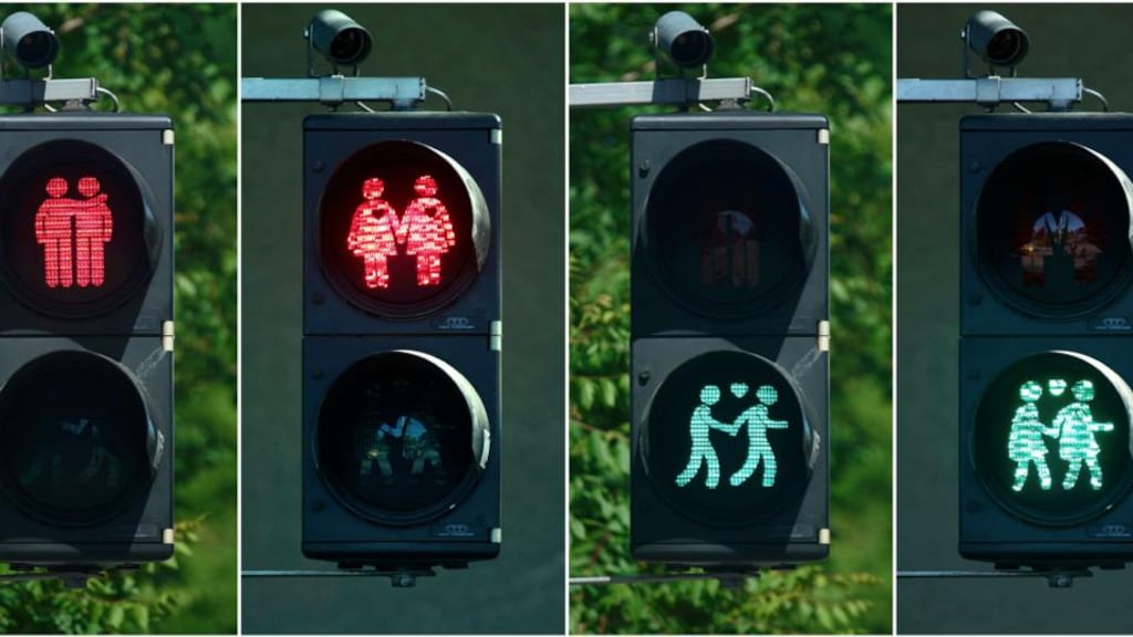 Over the past few days, gay-themed traffic lights have been installed across Vienna. The traffic lights are intended to get the city in the mood for the annual Eurovision Song Contest. Photograph: Heinz-Peter Bader/Reuters