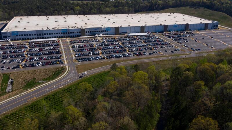 An aerial image of Amazon.com’s BHM1 fulfillment centre in Bessemer, Alabama. Photograph: Patrick T Fallon / AFP