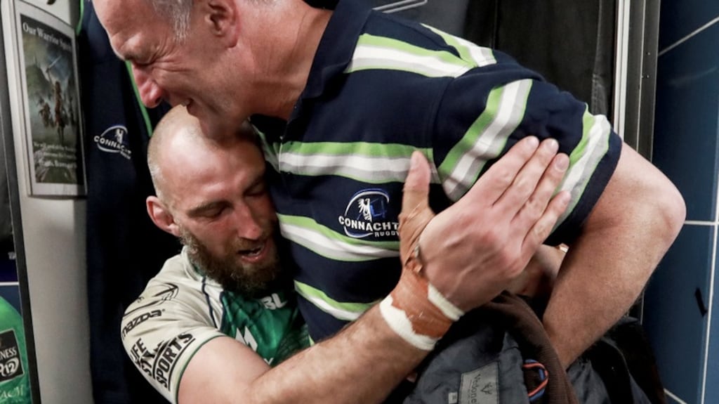 John Muldoon celebrates with Eric Elwood after Connacht’s victory over Leinster in Edinburgh. Photograph: James Crombie/Inpho