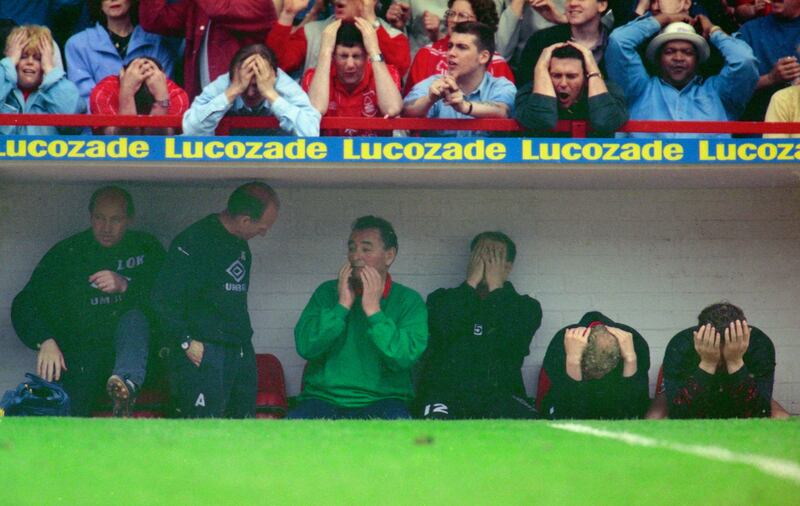 Nottingham Forest manager Brian Clough and fans during the Premier League match with Sheffield United at the City Ground in May 1993. Photograph: David Cannon/Allsport/Getty Images