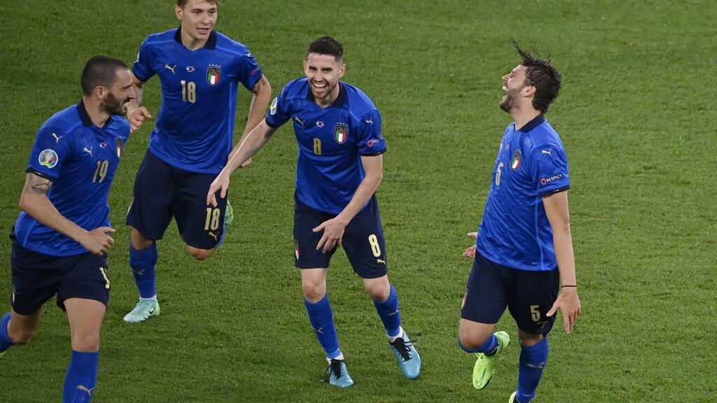 Manuel Locatelli (right) celebrates with his Italy team-mates after scoring his second goal in the the Euro 2020 game against Switzerland at the Stadio Olimpico in Rome. Photograph: Riccardo Antimiani/EPA