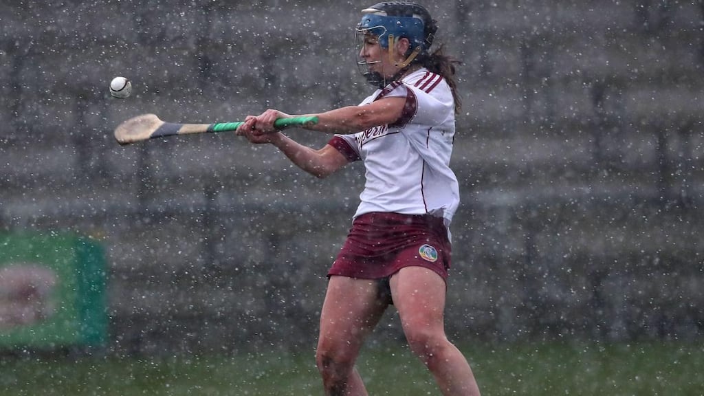 Galway’s Noreen Coen scores a free against Limerick in Littlewoods Ireland Camogie League Division 1 semi-final in Birr. Photograph: INPHO/Bryan Keane