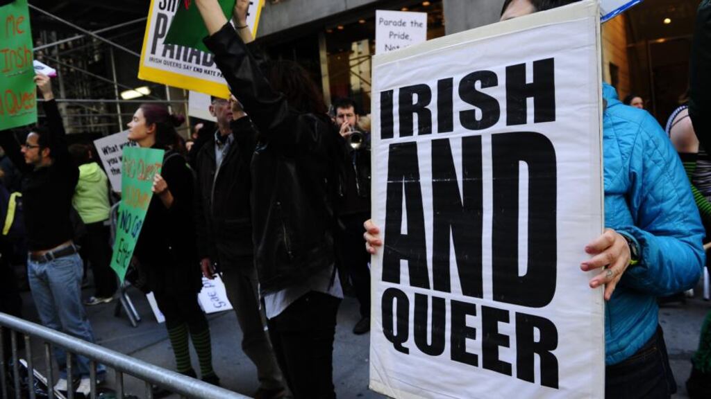 A file photograph of gay activist displaying signs along the St Patrick’s Day parade route in New York in protest at being excluded from the annual event. Photograph: Emmanuel Dunand/AFP/Getty Images.
