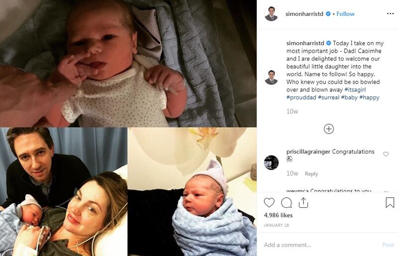 Instagram: Simon Harris’s post of himself with his wife and newborn baby