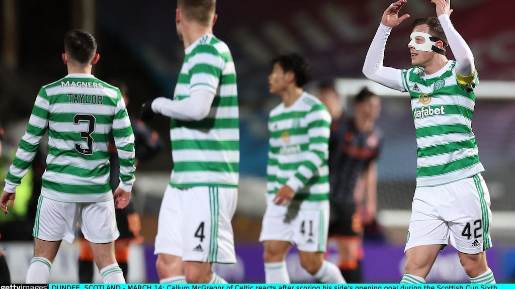Callum McGregor celebrates after scoring of Celtic’s opening goal in the Scottish Cup quarter-final match against Dundee United at Tannadice Park. Photograph: Ian MacNicol/Getty Images