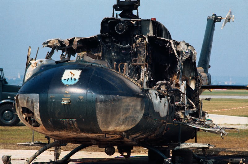 A bullet-riddled West German border police helicopter damaged in a shoot-out between German forces and the terrorists at Nato airbase Fürstenfeldbruck