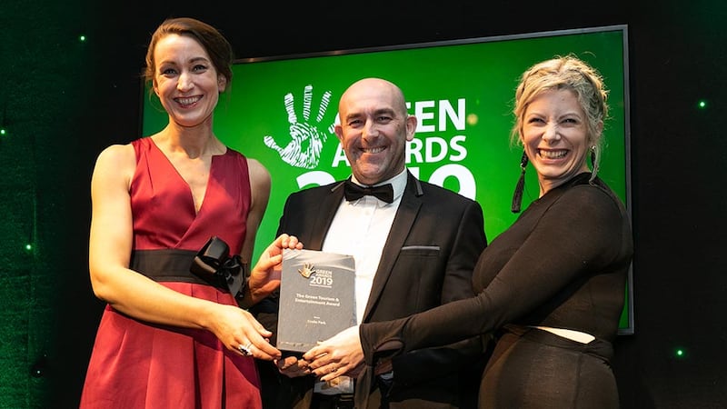 Peter Byrne, Quality & Environmental Manager, Roadbridge presents The Green Tourism & Entertainment Award to Míde Ní Shúílleabháin & Julianne Savage, Croke Park.