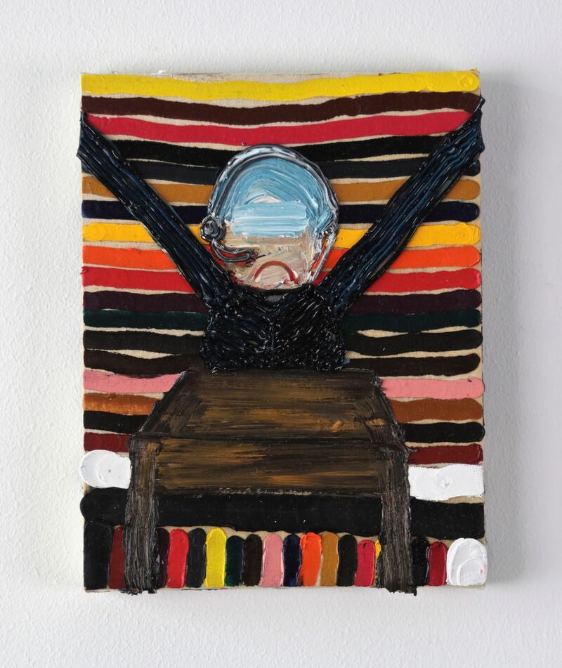 Is there anything else I can help you with. Oil on cotton over board, 2017.