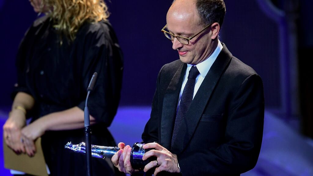 Irish film producer Ed Guiney receives the award for Best European Comedy and Best European film, for The Favourite, at the 32nd European Film Awards ceremony in Berlin, Germany, on Saturday night. Photograph: Clemens Bilan/EPA