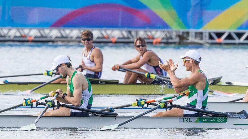 Ireland’s Gary and Paul O’Donovan celebrate qualifying for tomorrow’s final. Photograph: Morgan Treacy/Inpho