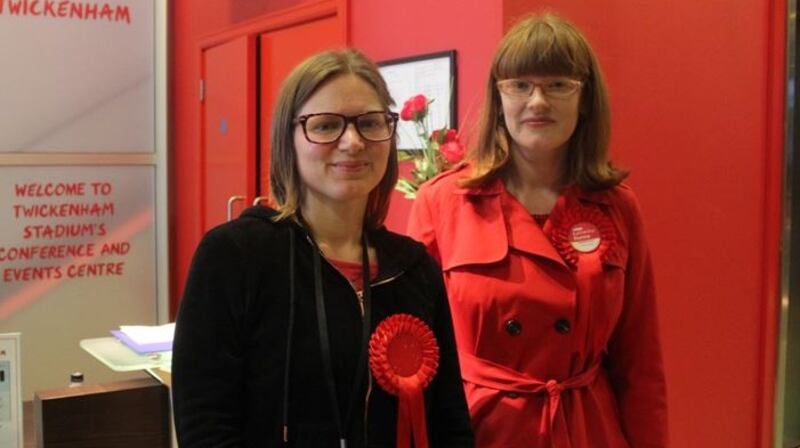 Labour councillor Jennifer Churchill and the party’s candidate in the Twickenham constituency, Katherine Dunn, at the count centre at Twickenham stadium in west London. Photograph: Simon Carswell