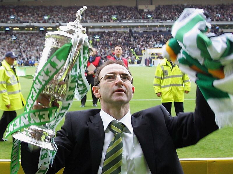 Manager Martin O'Neill celebrates after Celtic's 2005 Scottish Cup final win over Dundee United at Hampden Park. Photograph: Laurence Griffiths/Getty Images