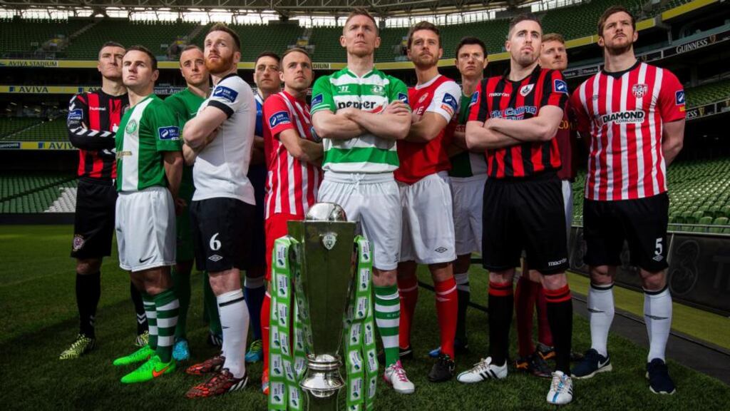SSE Airtricity League Launch, Aviva Stadium, Dublin 27/2/2015Pictured (L-R) Jason Byrne of Bohemians, David Cassidy of Bray Wanderers, Michael Slingerman of Drogheda United, Stephen O'Donnell of Dundalk, Shane Duggan of  Limerick FC, Keith Ward of Sligo Rovers, Conor Kenna of Shamrock Rovers, Ger O'Brien of St. Patrick's Athletic, John Dunleavy of Cork City, Mark Sammon of Longford Town, Paul Sinnott of Galway United and Ryan McBride of Derry CityMandatory Credit �INPHO/Cathal Noonan