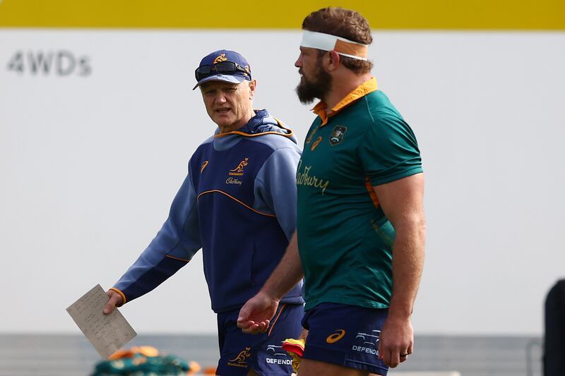 Wallabies coach Joe Schmidt and James Slipper during their training session in Brisbane on Tuesday. Photograph: Chris Hyde/Getty Images