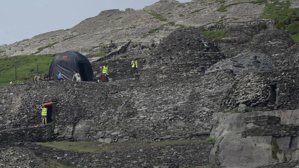 Production crew and sets on Skellig Michael to film Star Wars Episode VII, last year. Photograph Charles McQuillan/Getty Images