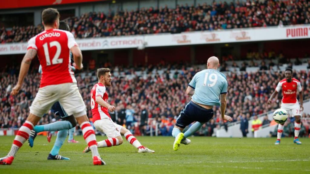Aaron Ramsey scores Arsenal’s  second goal in the Premier League clash against West Ham at the   Emirates Stadium. Photograph:  John Sibley/Action Images via Reuters/Livepic