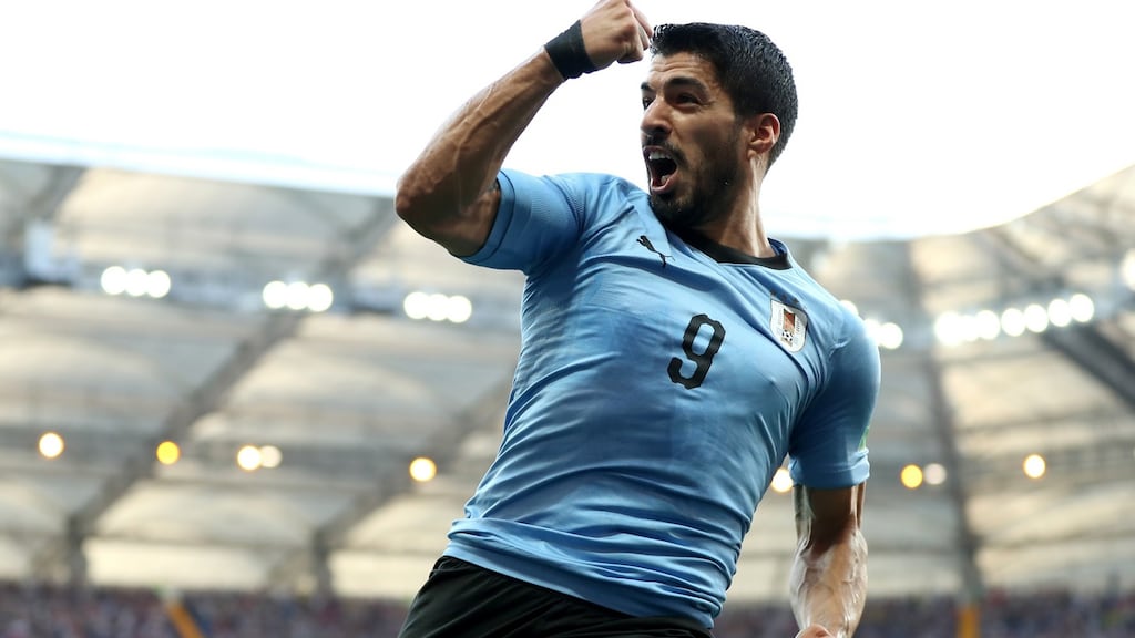 Luis Suarez celebrates after scoring Uruguay’s goal against Saudi Arabia in the World Cup Group A match at the Rostov Arena. Photograph: Ryan Pierse/Getty Images