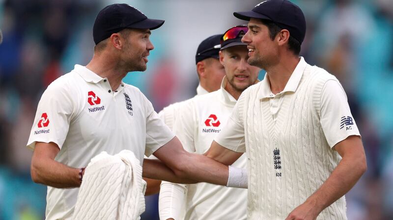 Jimmy Anderson and Alastair Cook after England’s final Test victory over India at the Oval. Photograph: Paul Childs/Reuters