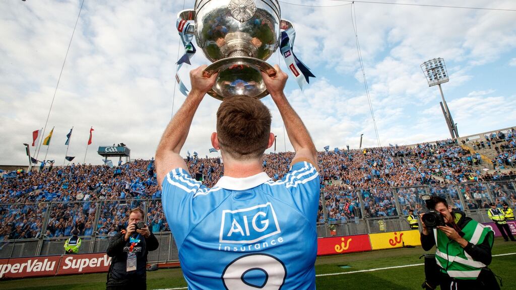 Dublin’s Brian Fenton celebrates in front of Hill 16 after winning last year’s All-Ireland SFC final. Photo: James Crombie/Inpho