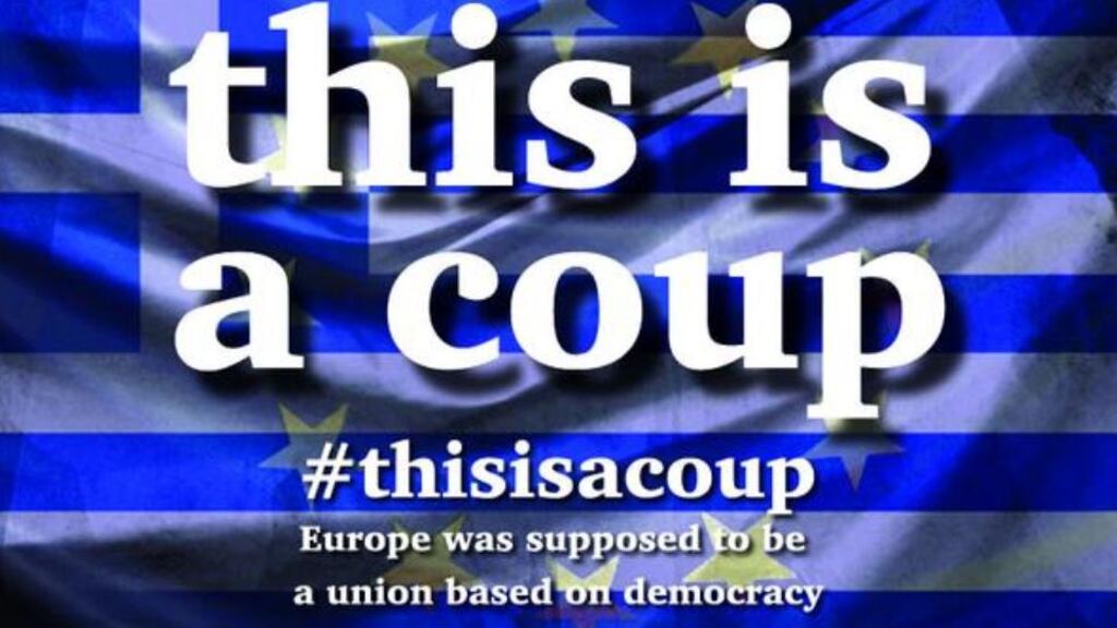 The hashtag appeared to originate on Sunday evening from Sandro Maccarrone, who describes himself as a physics teacher from Barcelona. He tweeted: “The Eurogroup proposal is a covert coup d’etat against the Greek people. #ThisIsACoup.”