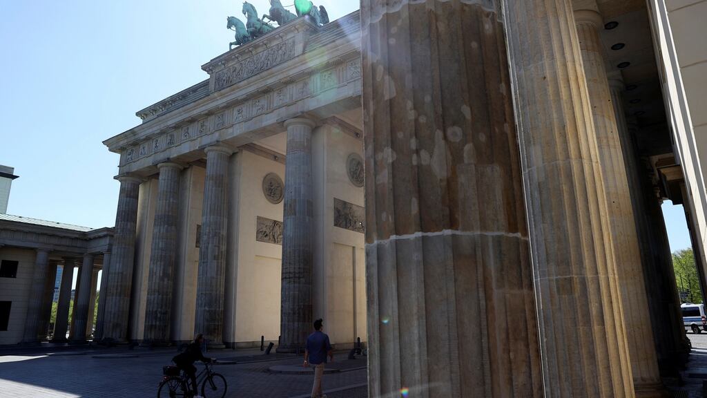 The Brandenburg Gate in Berlin. Most events marking the 75th anniversary of VE Day have been cancelled due to the Covid-19 pandemic. Photograph: Fabrizio Bensch/Reuters