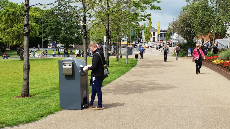 PEL BriteBinTM Installed in Eyre Square Co. Galway being used, BriteBins are available in various sizes to suit the demand and need for each individual customer. Imagery owned by PEL.