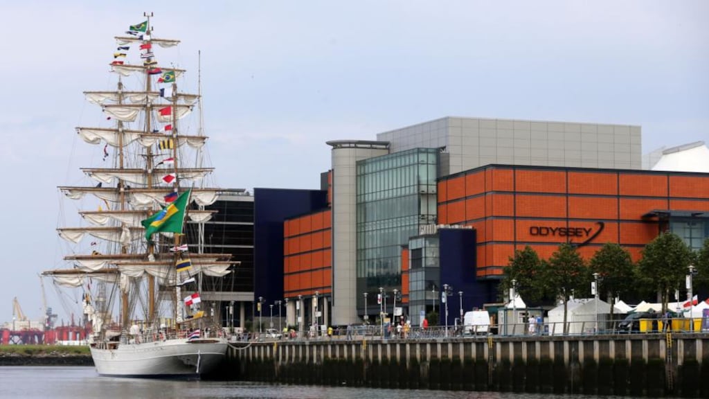 The Brazilian Cisne Branco (white swan), one of the 50 tall ships taking part in the 2015 tall ships race, docked in Belfast harbour. Photograph: PA
