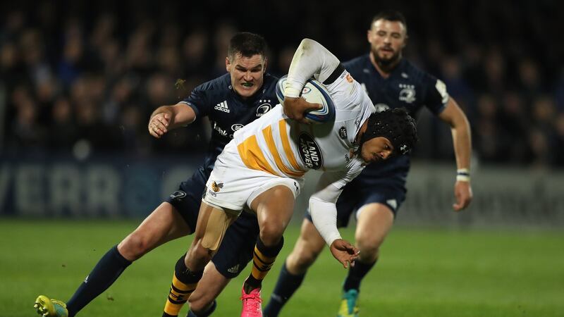 Juan de Jongh of Wasps is tackled by Johnny Sexton during the Heineken Champions Cup match against Wasps at the RDS. Photograph: David Rogers/Getty Images